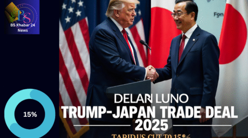 Donald Trump and Shigeru Ishiba finalize Trump Japan Trade Deal 2025, shaking hands with tariff deal text in background.