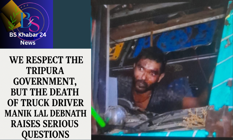 A symbolic image showing a truck accident scene in Tripura, with rescue workers and police at the site, representing the tragic death of driver Manik Lal Debnath and public questions over the government’s handling of the incident.