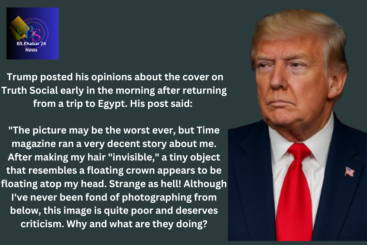 The Time magazine cover image of Donald Trump,News logo, Text is white Colour and Beakground Black and   green mixed colour