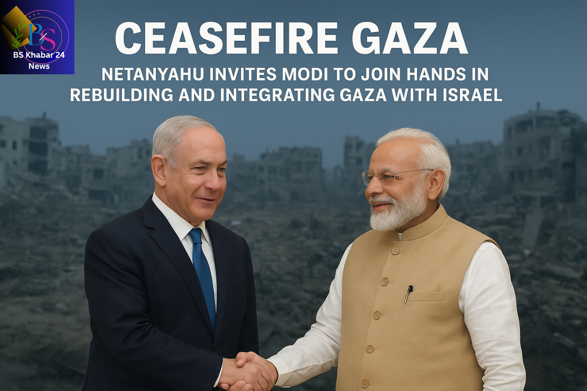 Ceasefire Gaza: Israeli Prime Minister Benjamin Netanyahu and Indian Prime Minister Narendra Modi shake hands against the backdrop of war-torn Gaza, symbolising cooperation in rebuilding and integrating Gaza under Israel after the ceasefire.