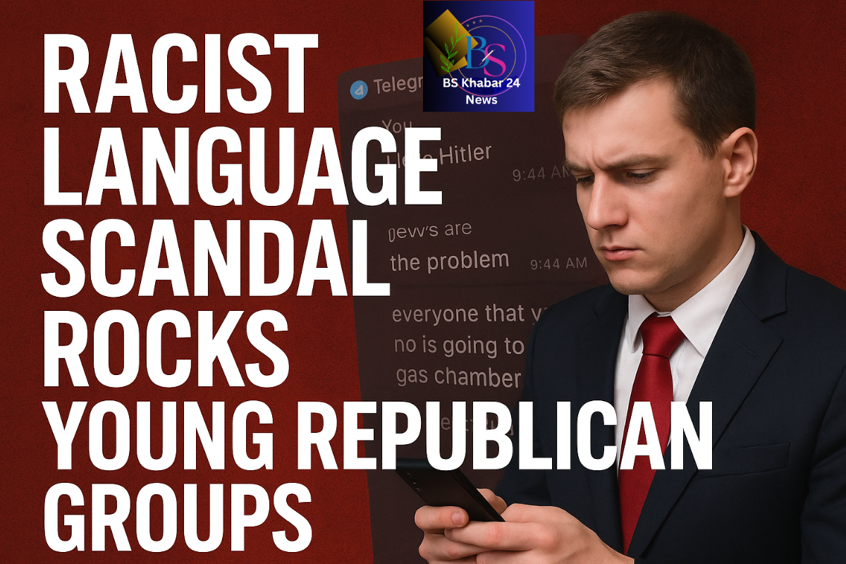 Young Republicans in Scandal, Racist Language Scandal Photo beakground Colour is Red and Black Mikist