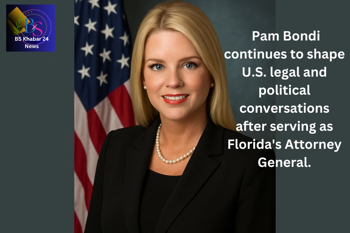 Pam Bondi speaking at a political event, former Florida Attorney General involved in national legal and political issues.