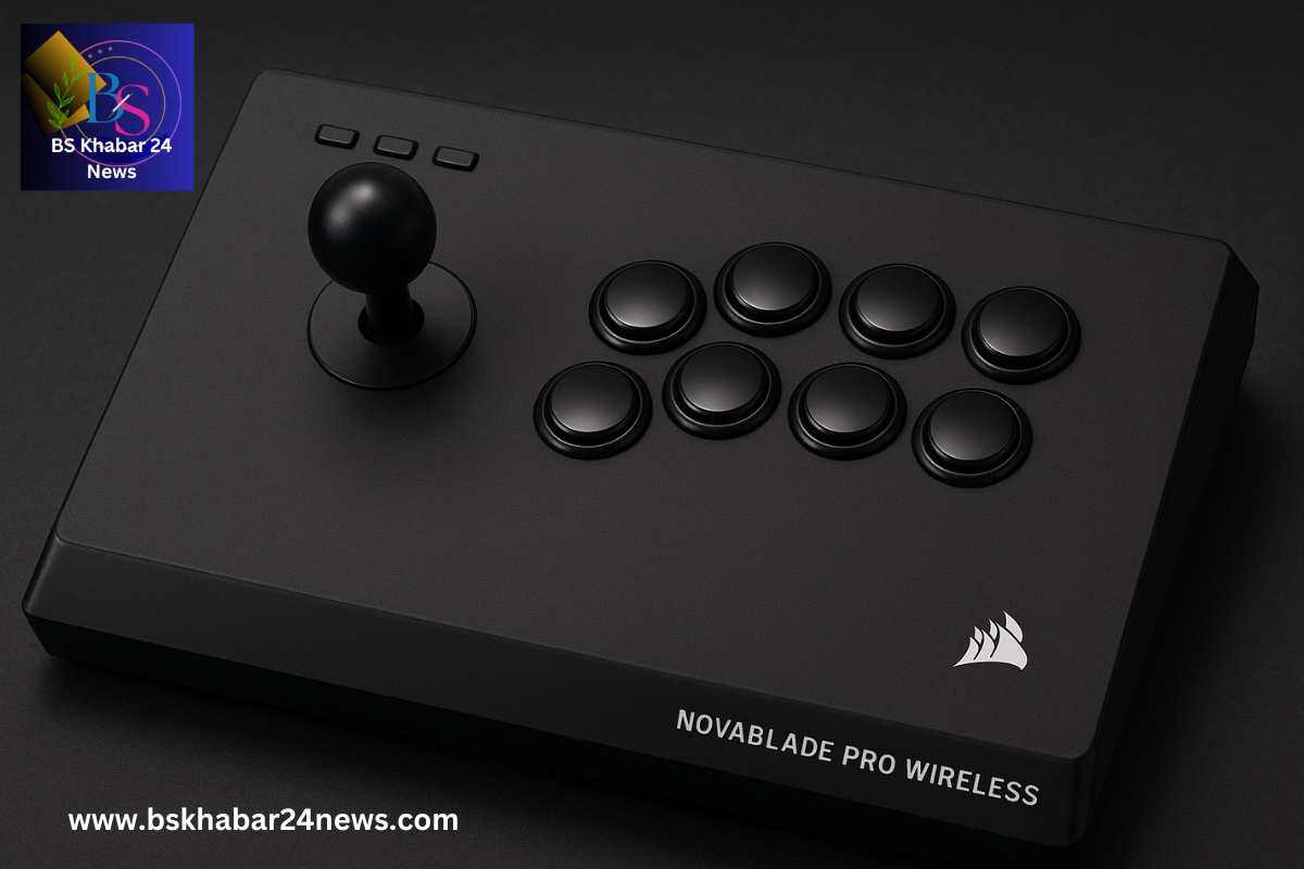Corsair Novablade Pro Wireless fight stick with premium design and Hall Effect magnetic switches, ideal for fighting game enthusiasts and BS Khabar 24 News Logo.