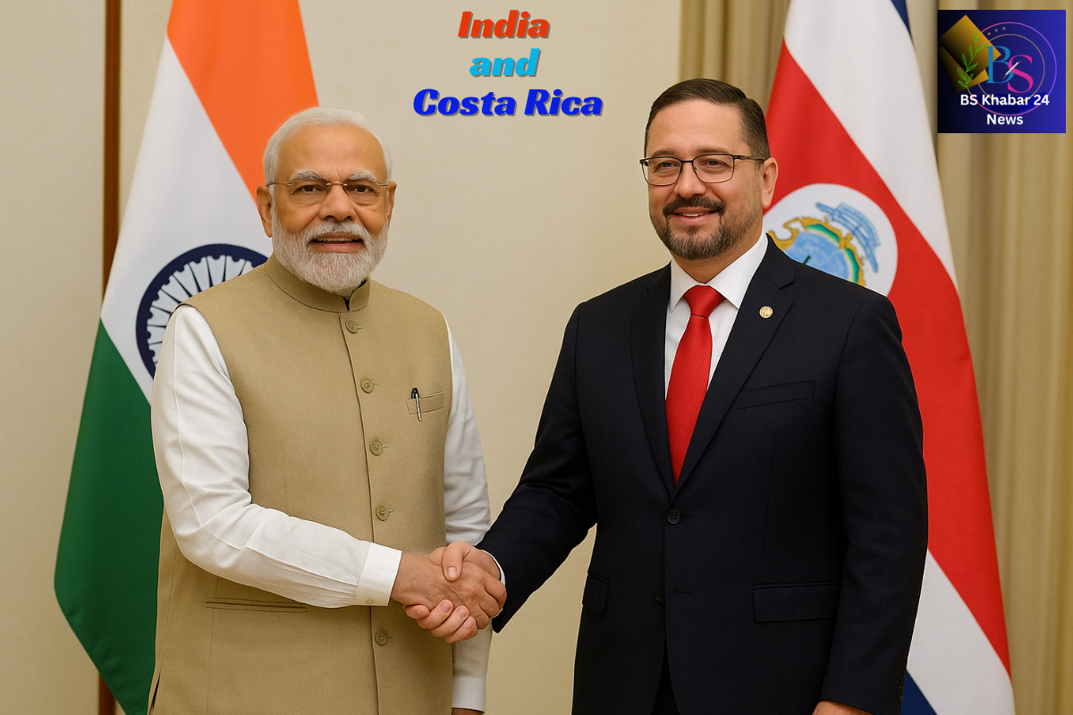 Indian Prime Minister Narendra Modi and Costa Rican President Rodrigo Chaves Robles shake hands in front of the national flags of India and Costa Rica, symbolizing bilateral cooperation and the launch of India’s first Fortified Rice Kernel export to Costa Rica and BS Khabar 24 Logo, text is India and Costa Rica.