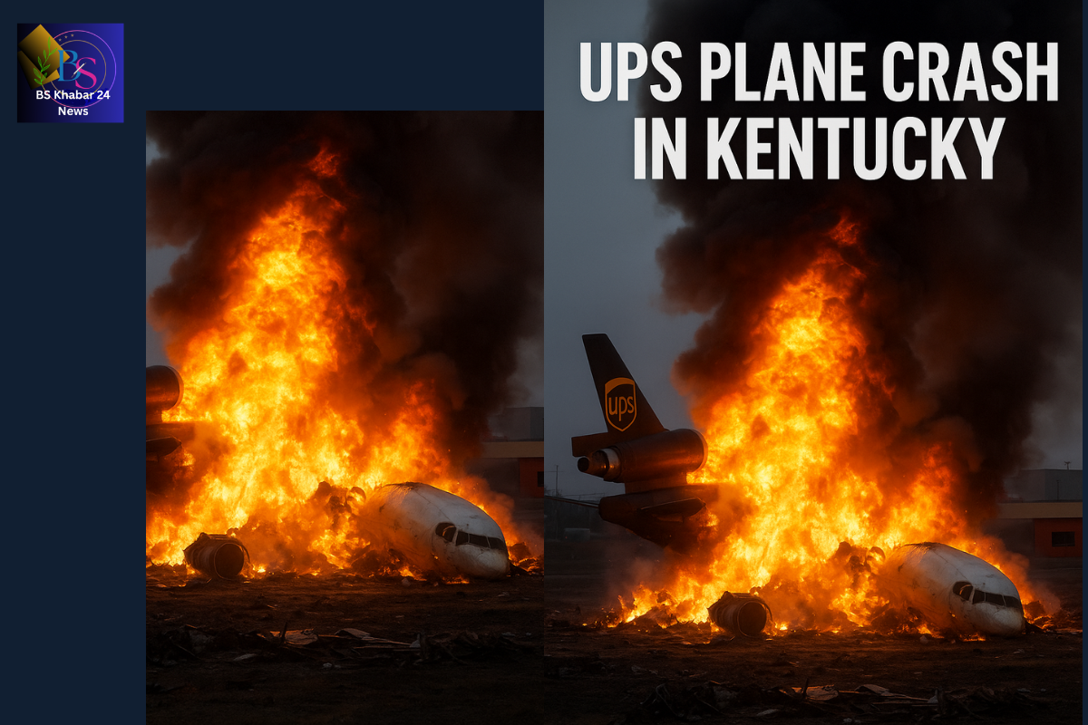  A dramatic scene showing a UPS cargo plane engulfed in massive flames after crashing in Kentucky. The wreckage of the McDonnell Douglas MD-11F burns intensely, with thick black smoke rising into the sky, debris scattered across the ground, and part of the aircraft’s tail still visible with the UPS logo and BS Khabar 24 News logo.