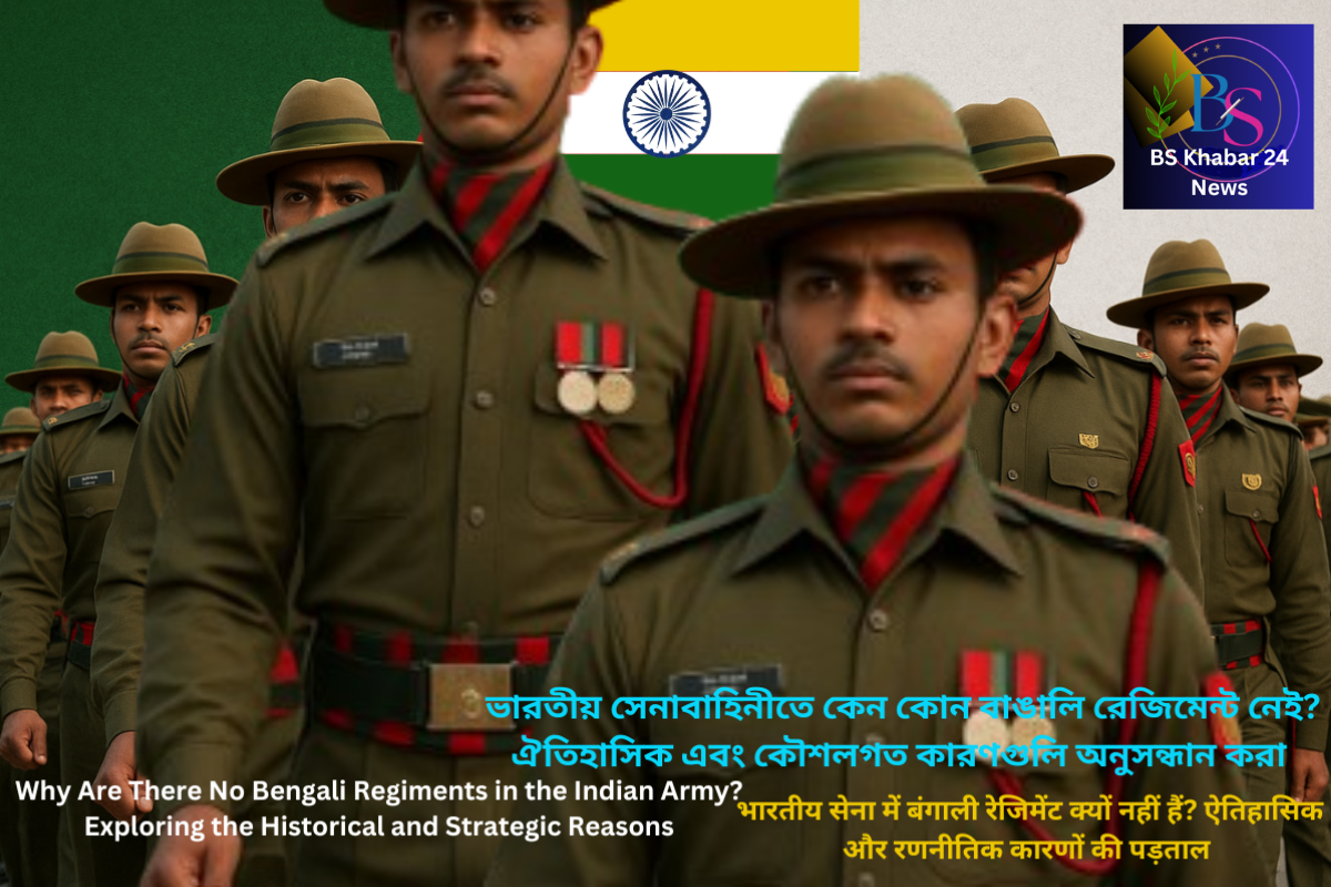 Indian Army soldiers in olive-green uniforms march in formation with the Indian national flag in the background. The image features multilingual text in Bengali, Hindi, and English discussing the topic “Why Are There No Bengali Regiment in Indian Army? Exploring the Historical and Strategic Reasons.” The BS Khabar 24 News logo appears in the top-right corner, representing the news outlet publishing the story.