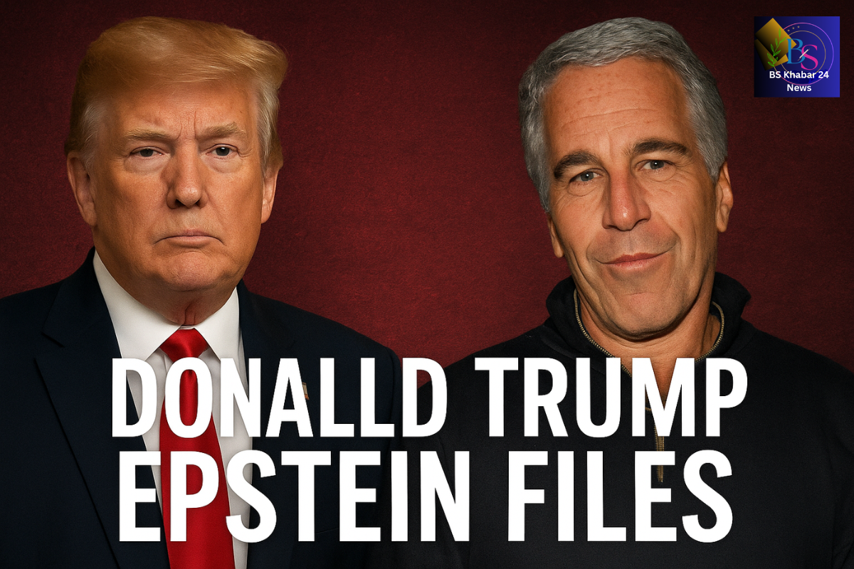 A digital news graphic showing Donald Trump and Jeffrey Epstein side by side against a dark red background. Trump appears serious in a navy suit and red tie, while Epstein wears a gray sweater with a slight smirk. Bold white text reads “Donald Trump Epstein Files,” symbolizing controversy over newly released documents and BS Khabar 24 News logo.