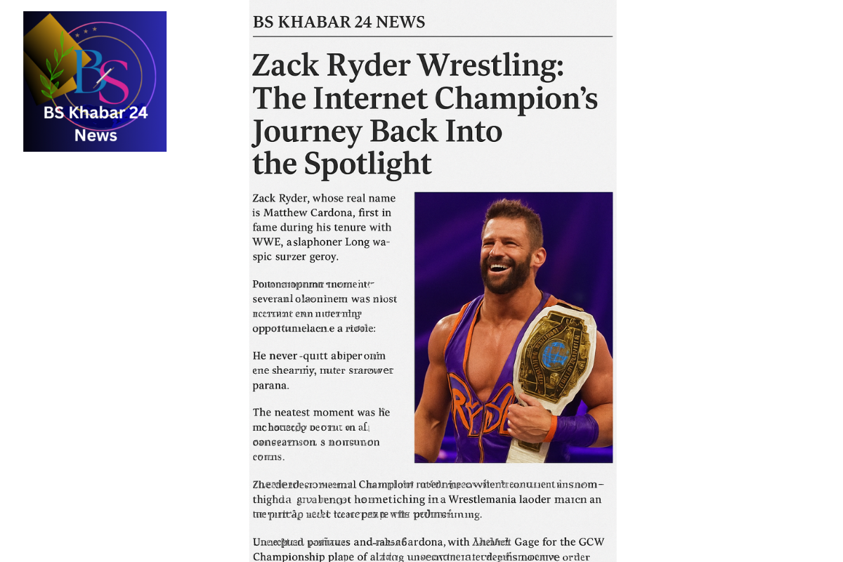 Zack Ryder wrestling posing with the Intercontinental Championship during a wrestling event.