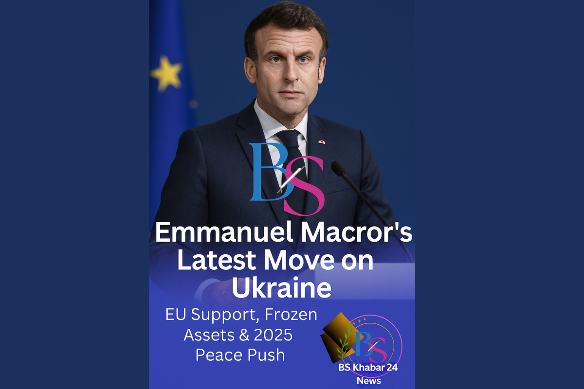 Emmanuel Macron discussing Ukraine support, EU security plans, and Russia sanctions during 2025 press briefing