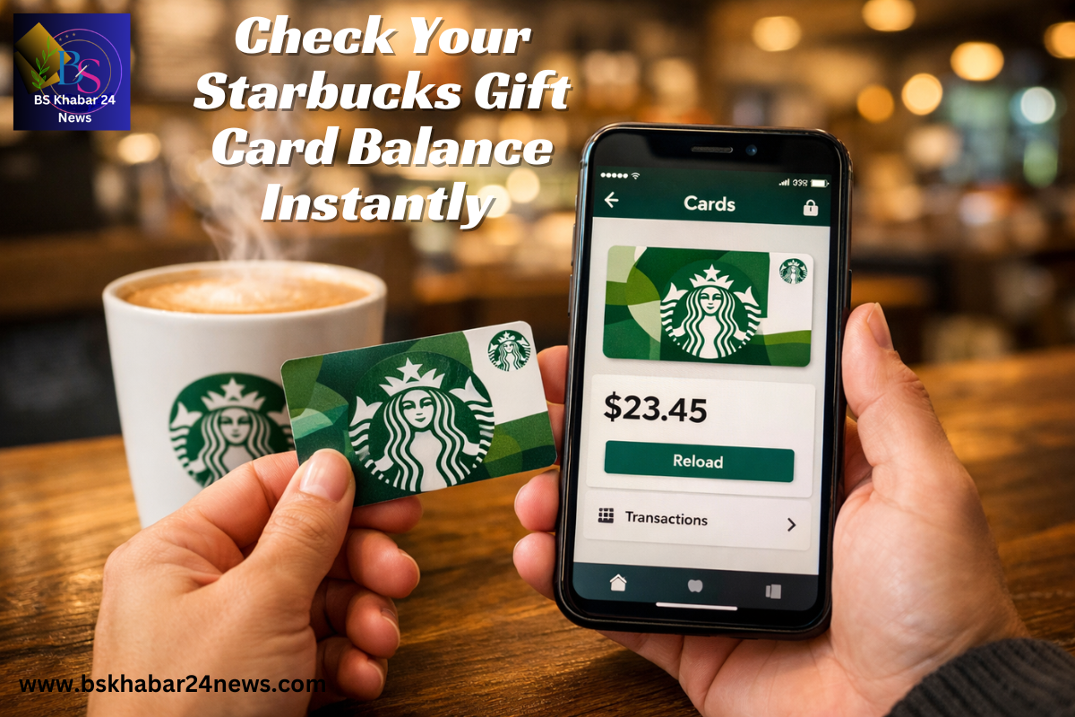 Starbucks gift card balance check shown on smartphone app with coffee cup in café setting