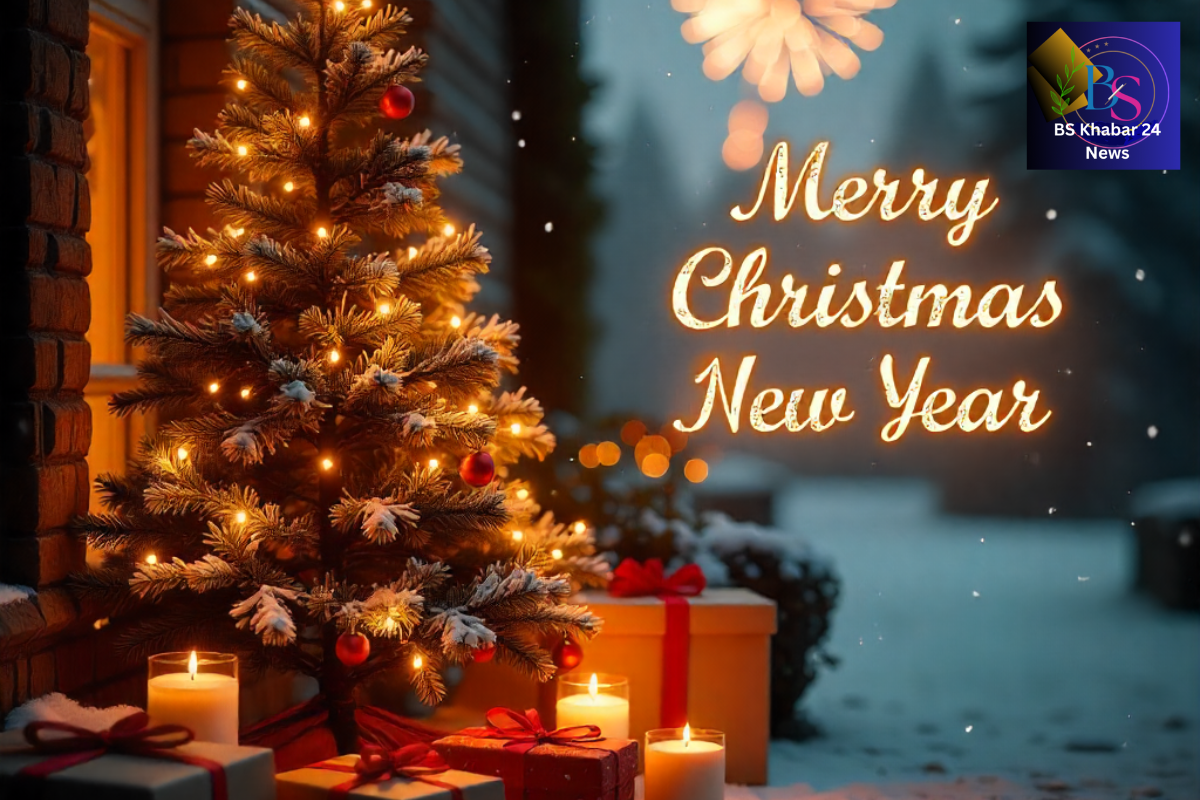 Christmas Happy New Year Wishes ,Festive Christmas and New Year scene with a glowing Christmas tree, warm lights, candles, gift boxes, snowfall background, and “Merry Christmas New Year” text creating a joyful holiday atmosphere.