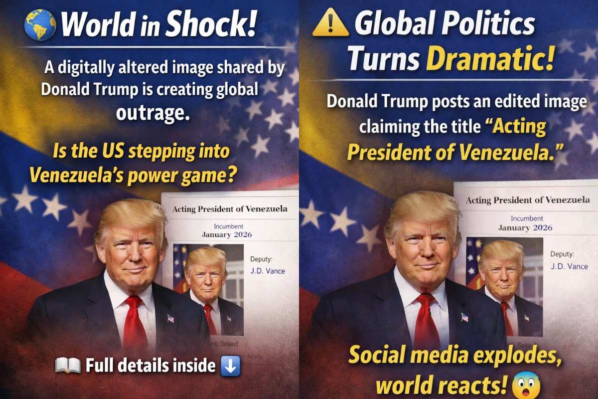 Digitally altered image showing Donald Trump labeled as Acting President of Venezuela with text reading “World in Shock” and “Global Politics Turns Dramatic,” highlighting global reaction on social media.