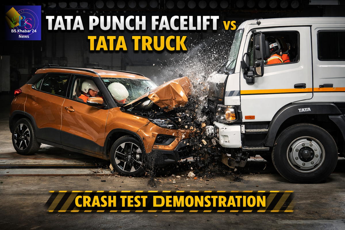 Tata Punch Facelift crash test showing a head-on collision with a Tata truck, highlighting strong body structure, airbag deployment, and Tata Motors’ advanced vehicle safety standards.