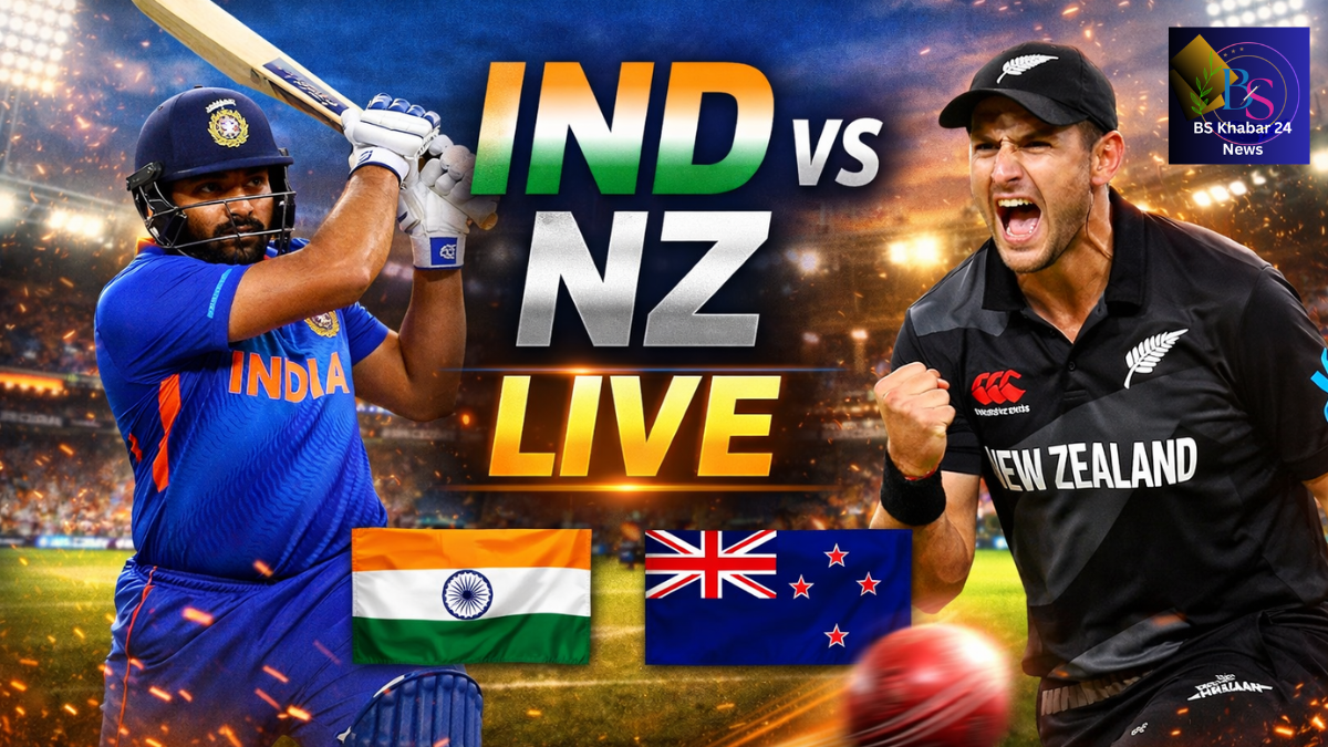 IND vs NZ live cricket match featuring an Indian batsman and a New Zealand bowler in action under stadium lights
